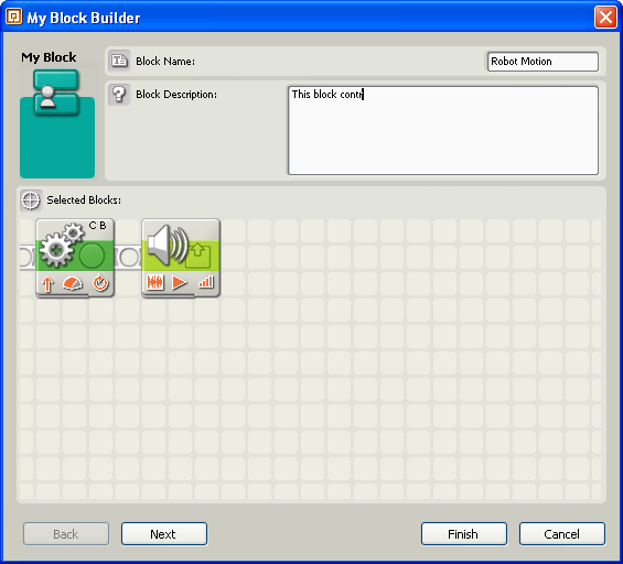 Image of first My Block Builder screen showing selected Move and Sound blocks
