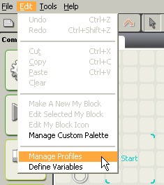 Image of open Edit menu showing Manage Profiles item