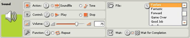 Image of the configuration pane for the Sound block with sound file chosen