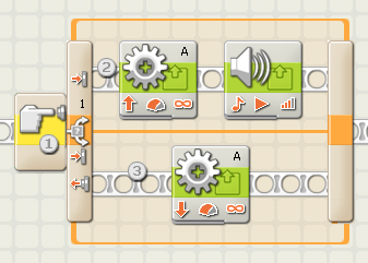 Image of Switch block configured for a touch sensor; top row containing a motor block set to go forward followed by a sound block set to play a tone; bottom row containing a motor block set to go backwards