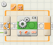 Image of Switch block configured for logic, showing the tail end of a data wire connecting to the logic plug; frame should contain two move blocks (set for different directions) with one in the upper row and the other in the bottom row