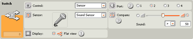 Image of configuration pane for the Switch block, set to Sound Sensor