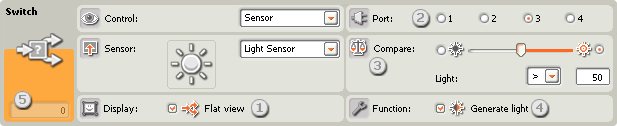 Image of configuration pane for the Switch block, set to Light Sensor