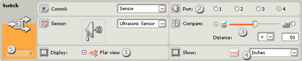 Image of configuration pane for the Switch block, set to Ultrasonic Sensor