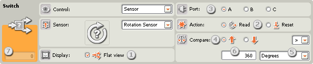 Image of configuration pane for the Switch block, set to Built-in Rotation Sensor