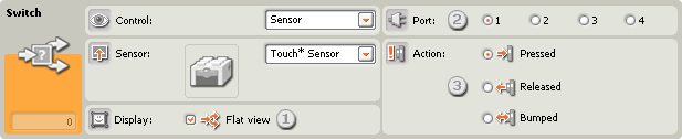 Image of configuration pane for the Switch block, set to old Touch* Sensor – add callouts 1-3