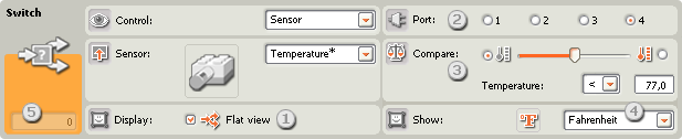 Image of configuration panel for the Switch block, set to Temperature* sensor