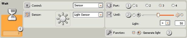 Image of the configuration pane for the Wait-Light Sensor block