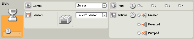 Image of the configuration panel for the Wait-old Touch* Sensor block – callouts 1-3