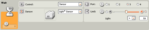 Image of the configuration panel for the Wait-old Light* Sensor block – callouts 1-3