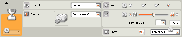 Image of configuration panel for Wait-Temperature* sensor block – callouts 1-4